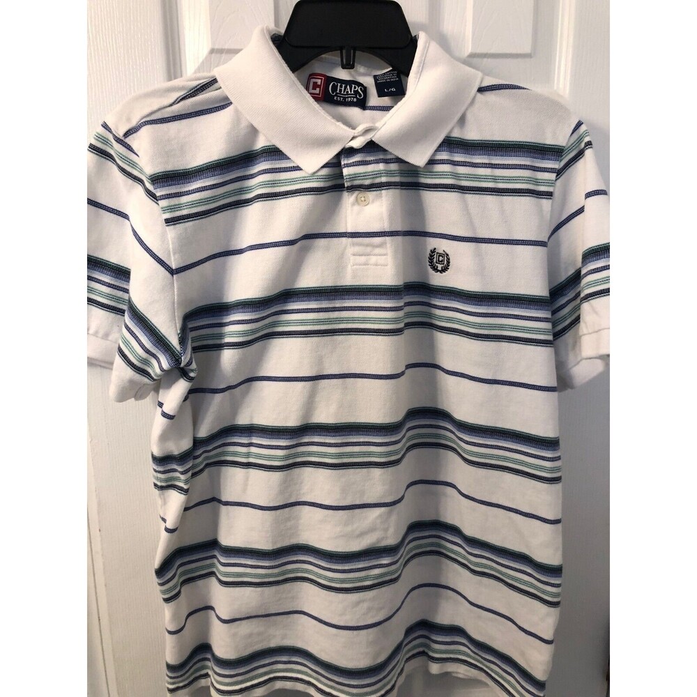 Chaps Mens White‎ Blue Green Polo Shirt Cotton Striped Collared Short Sleeve Lg